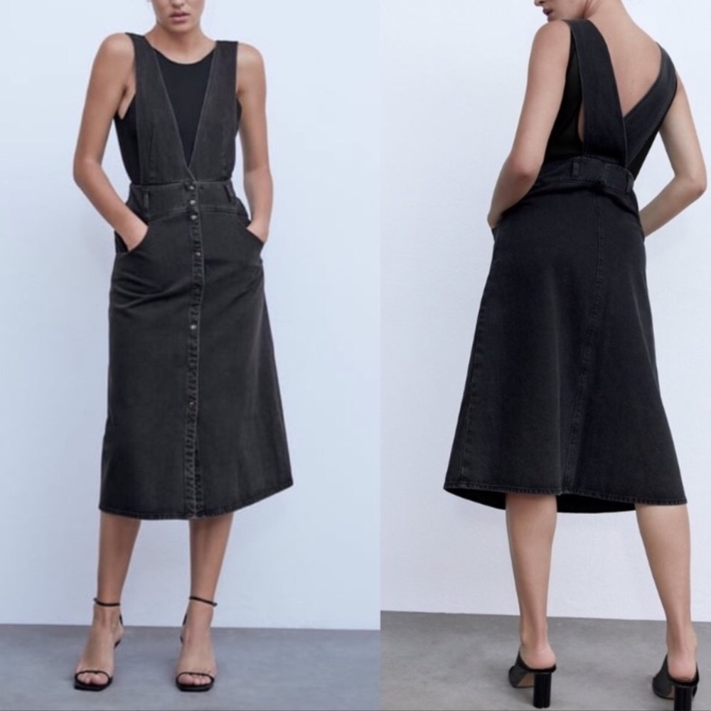 Zara Women M Black Denim Grunge 90s Punk Snap Front Pinafore Overall Midi Dress
